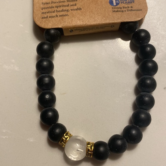 Obsidian semi precious stone stretch bracelet. Black beads w 1 clear bead NWT - Picture 1 of 4